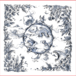 روسری ابریشم طبیعی طرح شور خاک- رنگ سورمه ای با دوردوزی دست و نقش اساطیری نبرد خیر و شر