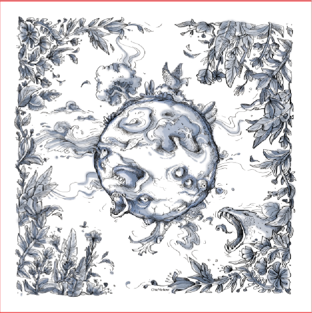 روسری ابریشم طبیعی طرح شور خاک- رنگ سورمه ای با دوردوزی دست و نقش اساطیری نبرد خیر و شر