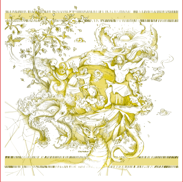 روسری ابریشم طبیعی طرح روح نور- رنگ زرد، بازتاب جریان نور الهی و چرخه جهان با دوخت دستی