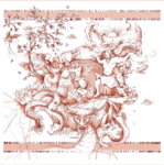 روسری ابریشم طبیعی طرح روح نور- رنگ عنابی با جزییات اساطیری و دو دوزی دست، بازتاب حرکت جهان و رهایی نور 