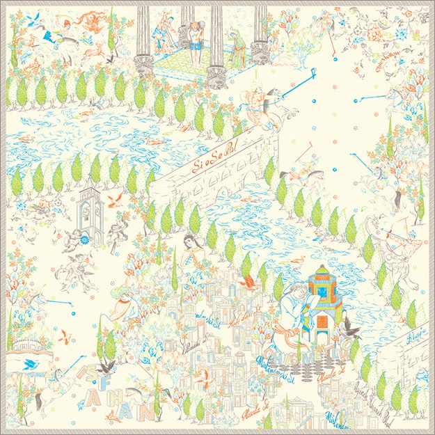 روسری ابریشم طبیعی با طرح هنری اصفهان مِلو ، چاپ فاخر و دوردوزی دست دوز مخصوص افراد خاص